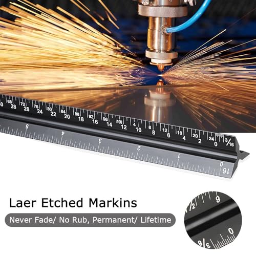 Architectural Scale Ruler 12 Inch, Aluminum Triangular Drafting Ruler | Laser-etched imperial scales for blueprints, floor plans, drafting, engineering and construction drawings.