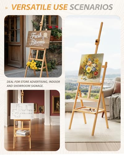 Painting Art Easel with Storage Tray, 57"-72" Height Adjustable Easel Stand | Non-foldable beech wood easel, H-frame artist easel stand for painting, Wooden floor easel holds canvas up to 36" - color: Natural