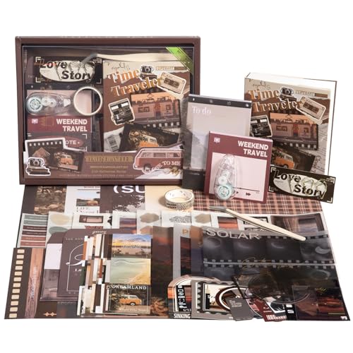Travel Scrapbook Photo Album Supplies Kit with Tweezers and Glue Tape, Aesthetic Vintage Junk Journal Scrapbooking Paper, Sticker Pack, Notebook Craft Supplies, DIY Gift for Adult Men Women (Traveler) - color: Traveler