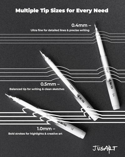JusArt White Ink Pen, Gold Pens & Silver Pen with Assorted Tips, 5 Pack | 0.4mm, 0.5mm & 1.0mm Opaque Ink Pens for Black Paper, Journaling & DIY Crafts, Ideal for Artists & Art Supplies - color: Multicolor, size: 1 Count (Pack of 5)