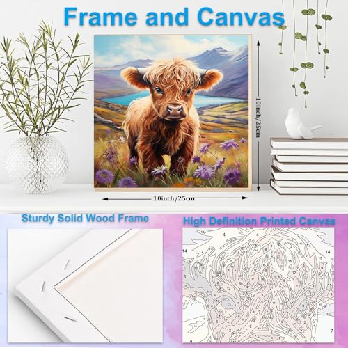 Artunion Framed Paint by Numbers Kit for Adults Beginners & Kids Ages 8-12,Highland Cow Paint by Number with Frame,Cow Animal Paint by Numbers Kit on Canvas 10 * 10 Inch Without Easel - color: ZXT-324-F