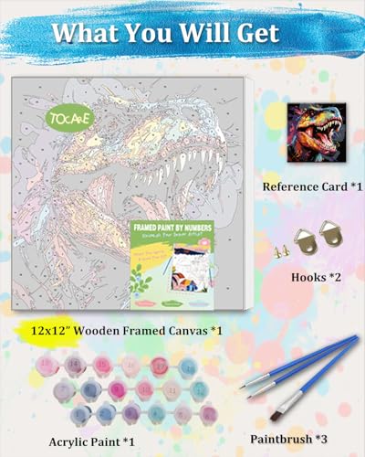 TOCARE Framed Paint by Numbers Kit for Adults Beginners & Kids Ages 8-12, 12x12inch Dinosaur Paint by Number with Frame,Dinosaur Paint by Numbers Framed Canvas for Amimal Lover (Without Easel) - color: TC-F-292