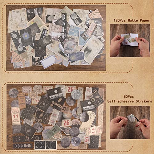 200Pcs Vintage Scrapbook Stickers, Aesthetic Junk Journal Stamping Supplies Kit, Scrapbooking Ephemera Washi Paper for Bullet Journaling Planners Diary Collage (Celestial) - style: Celestial