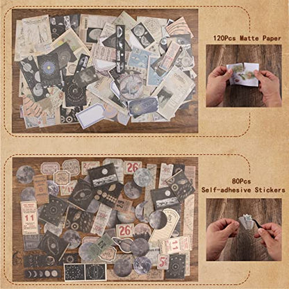 200Pcs Vintage Scrapbook Stickers, Aesthetic Junk Journal Stamping Supplies Kit, Scrapbooking Ephemera Washi Paper for Bullet Journaling Planners Diary Collage (Celestial) - style: Celestial