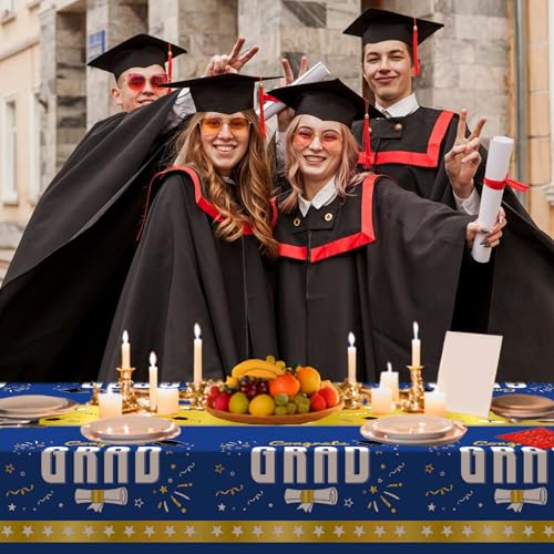 4 Pack Pack Graduation Tablecloth 54"x108" Disposable Plastic Tablecloths Gongrats Grad Tablecover for Graduation Party Supplies (Blue) - color: Graduation Blue