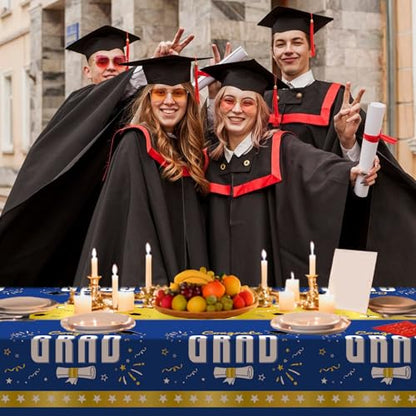 4 Pack Pack Graduation Tablecloth 54"x108" Disposable Plastic Tablecloths Gongrats Grad Tablecover for Graduation Party Supplies (Blue) - color: Graduation Blue