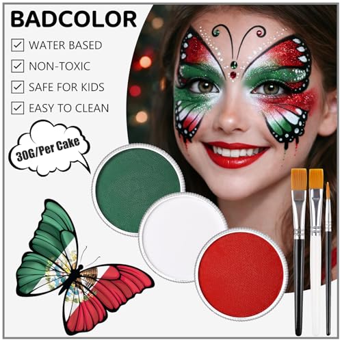 Green White Red World Cup Mexico Flag Face Body Paint Set, Face Painting Kit with Paintbrushes for Halloween Day of the Dead Catrina Makeup Clown Skull Tribal Warrior Christmas Elf Queen SFX Make-up - color: Dark Green+White+Red+3Pcs Brushes