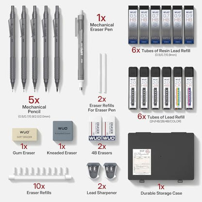 WUO Mechanical Pencil Set, 5 Pack Drafting Pencils 0.5/0.7/0.9/2.0/2.0mm | Mechanical drawing pencils, 432 lead refills, erasers/sharpeners for drafting, technical drawing, sketching, writing & art - color: Grey, size: 0.5/0.7/0.9/2.0