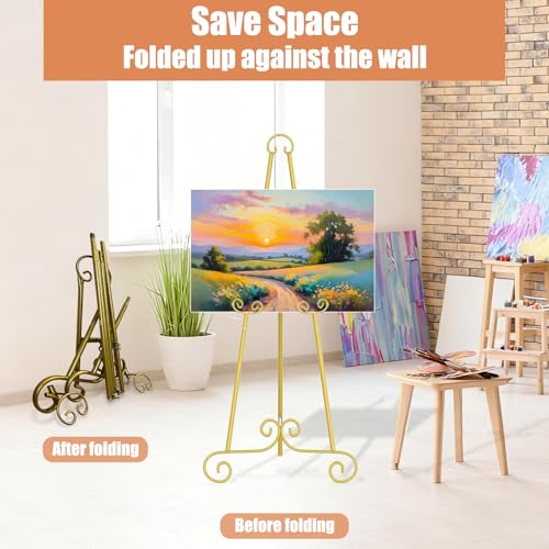 46" H Adjustable Metal Display Easel - Vintage Gold Scroll Design, Rust-Proof Metal Stand for Showcasing Pictures, Artlork, Picture Frame and Wedding Signs