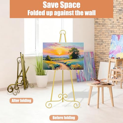 46" H Adjustable Metal Display Easel - Vintage Gold Scroll Design, Rust-Proof Metal Stand for Showcasing Pictures, Artlork, Picture Frame and Wedding Signs