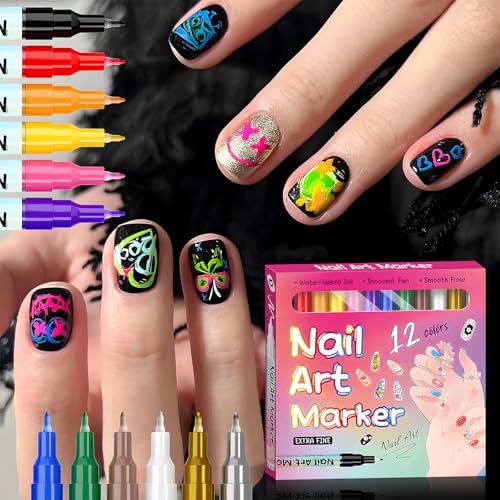 12 Colors Fine Tip Nail Art Pens, 0.6mm Nail Marker Pens for 3D Nail Drawing, Dotting, Graffiti & Painting — Quick Dry Nail Art Liner Pens for Home & Salon - color: Multicolor G
