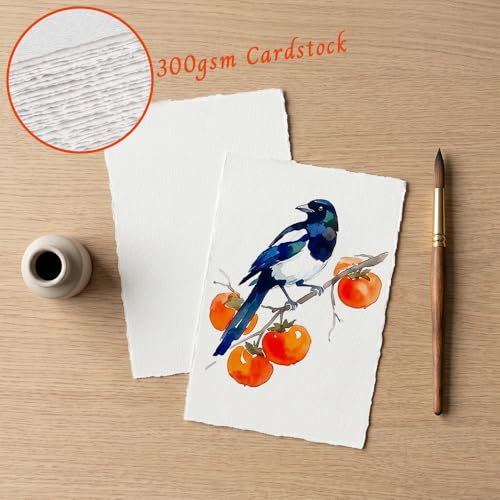 Deckled Edge Watercolor Paper 4x6 Inch, 60 Sheets 300gsm Thick Cotton Blend, Handmade Torn Edge Cards for Watercolor, Calligraphy, Wedding Invitations, DIY Crafts & Postcards