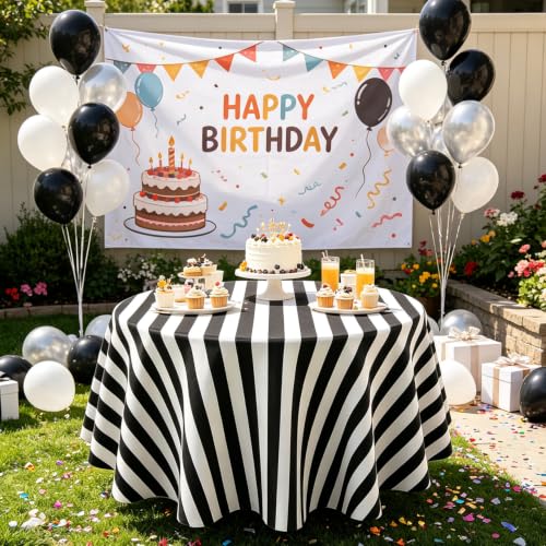 3 Pack Black and White Stripes Round Tablecloth Stripe Outdoor Table Cover Round Table Cover Plastic Table Cloth 84 in Round for Kitchen Dining Wedding Party