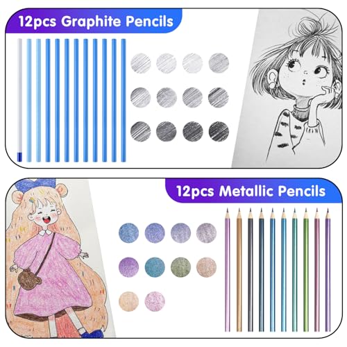 Professional Drawing Set,10 Colored Pencils,12 Graphite Pencils,Eraser,Case | Portable Travel Colored Pencil Case,Sketching Shading Blending Art Supplies,Gifts for Artists Adults Beginners.Metallic Black - color: Set-Metallic