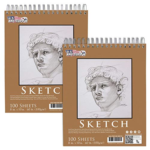 U.S. Art Supply 8"x10" Top Spiral Bound Sketch Book, 2 Pack, 100 Sheets Each, 60lb (100gsm), Acid-Free, Artist Sketchbook, Drawing Pad for Adults & Students - size: 8-x-10-inch