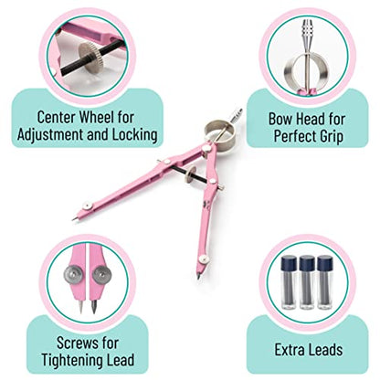 Mr. Pen- Professional Compass for Geometry, Extra Lead | Metal Compass Drawing Tool for Students, Drafting and Engineering, Technical Drawings, Circles and Geometry Projects - color: Pink