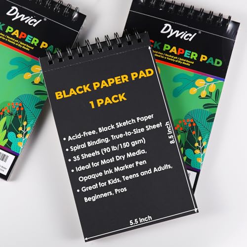 Dyvicl Black Paper Sketchbook 5.5"x8.5", 90 lb/150 GSM, 35 Sheets, Spiral Black Sketch Pad Drawing Paper for Pencil, Pastel, White Ink Gel Pen, Charcoal, Chalk, Metallic Marker, Paint Pen (Pack of 2) - size: 5.5 x 8.5 inches (Pack of 2)