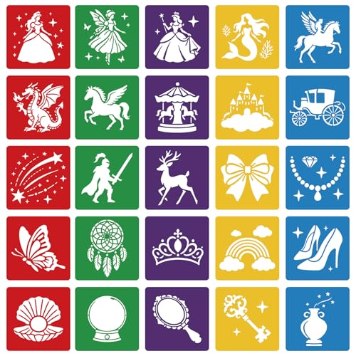 CUTHOLLOW Animals Fruit Plant Stencils, 24PCS 8-Inch Reusable Plastic | 24PCS 8-Inch Animals, Fruit & Plant Shapes, Reusable Washable Plastic, Painting, Crafts, Wall Art & Sidewalk Chalk - style: Fairies and Castles