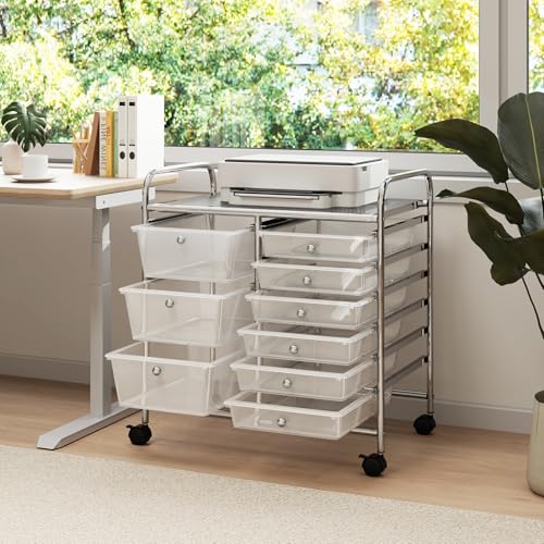 9 Drawer Rolling Storage Cart, Rolling Cart with Drawers for Classroom, Art Supply Craft Organizer on Wheel with Metal Frame & Handles for Home Office School - color: Clear, size: 9 Drawer
