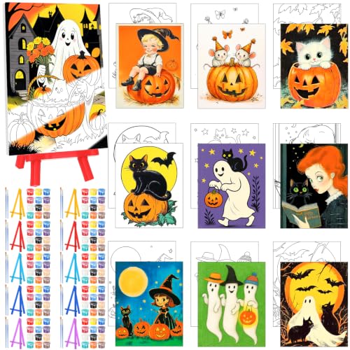 Blosssound 10 Set Halloween Pre Printed Canvas for Painting 5x7, Vintage | Sip and Paint Kit, Halloween Pre Drawn Outline Canvas with Wood Easels, Acrylic Paints, Beginner Friendly DIY Project - style: Vintage Halloween