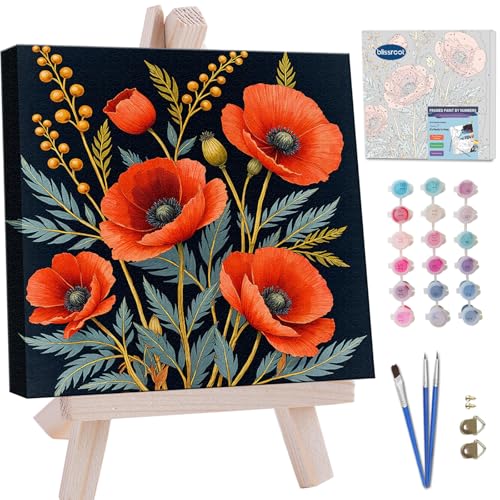 Blissroot Framed Paint by Numbers Kit for Adults Beginner&Kids Ages 8-12, 10x10inch Poppies Paint by Numbers with Frame,Small Poppy Flower Paint by Number Framed Canvas (Without Easel) - color: BR003F, size: 10"x10"
