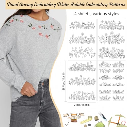 Water Soluble Embroider Pattern Stabilizer - CRASHOT 4 Sheets Stick and Stitch Embroider Paper Wash Away, Flower Floral, Daisy, Butterfly, Designs, Suprise for Hand Sewing Lover - style: Floral1549