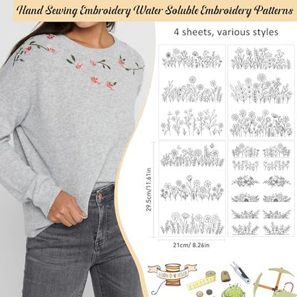 Water Soluble Embroider Pattern Stabilizer - CRASHOT 4 Sheets Stick and Stitch Embroider Paper Wash Away, Flower Floral, Daisy, Butterfly, Designs, Suprise for Hand Sewing Lover - style: Floral1549