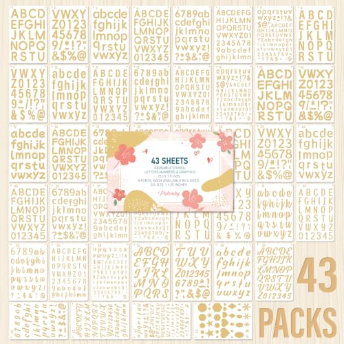 Patemby 43 Pack Small Letter Stencils for Painting, Alphabet Templates | 6 Different Font, 1/2, 3/4, 1, 5/4 Inch Number & Lettering Stencil in Script Cursive Reusable Plastic for Journal Wood Crafts