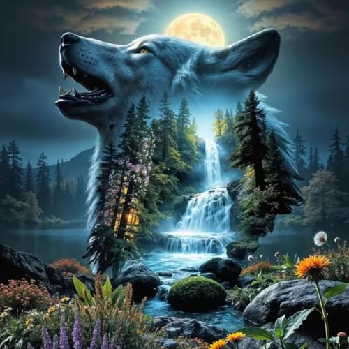 Mosaflare 5D Wolf Diamond Painting Kits for Adults 13.7x13.7 Inch | Moon Waterfall Forest Diamond Art for Beginners, DIY Full Round Drill Paint by Diamonds Dot Gem Art for Adult Home Wall Decor - color: KM1233-1