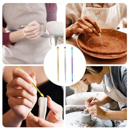 3Pcs Wax Carving Tools Stainless Steel, Double-Ended Sculpting Spoon Tools, 4.8'' Wax Rig Tool Set, Carving Wax Tool Kit for Clay Pottery Detailing Modeling (Rainbow Silver Gold)