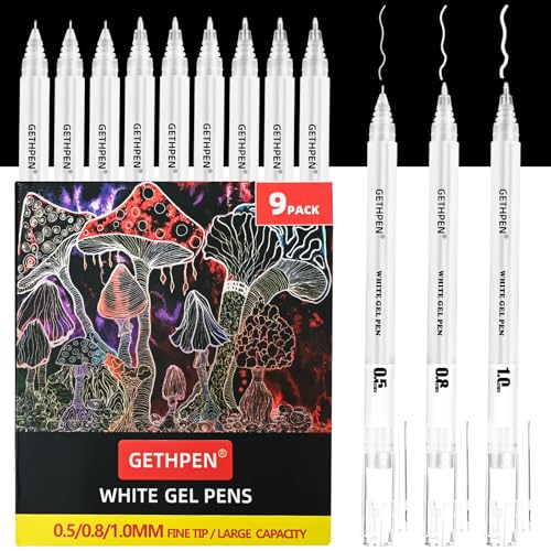 GETHPEN White Gel Pens, 05/08/10mm Opaque Ink Pen for Black Paper, 9 Pack