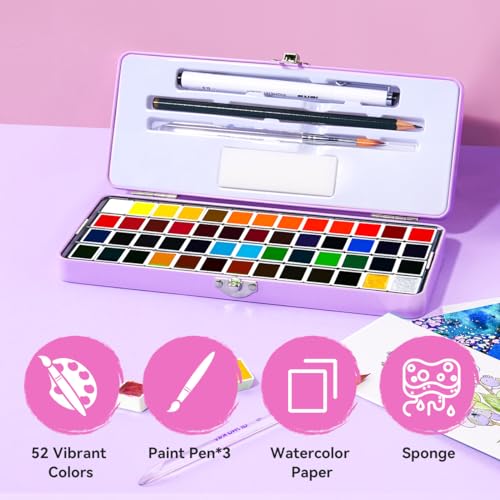 MeiLiang 52 Colors Watercolor Paint Set, Half Pans - style: Solid Watercolor 52 Color Purple Case