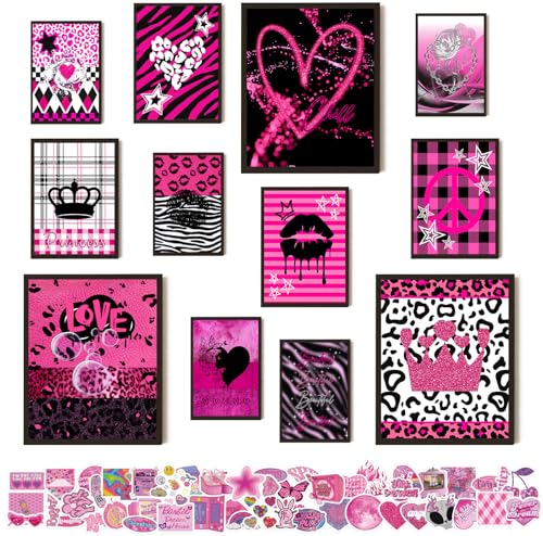 KBKBART 12 Pcs Mcbling Trashy Y2k Posters Room Decor and 50 Pcs Y2k Sticker | Unframed, Early 2000s Room Decor, Hot Pink Wall Collage Kit Aesthetic, Emo Baddie Prints for Girl's Dorm Bedroom Apartment - color: Y2k
