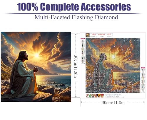 Baiwanerxiang Diamond Art Kits for Adults, Jesus Seashore Prayer 5D Diamond Painting Kits for Beginners, DIY Full Round Drill Diamond Dots Gem Art for Home Wall Decor, 12 x 12 Inches - color: Jesus
