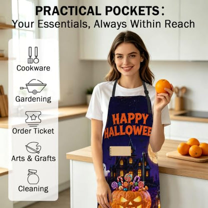 Happy Halloween Aprons Candy Lollipop Cupcake Jack-O-Lantern Kitchen Apron with 2 Pockets Ghost Castle Cooking Apron with Adjustable Neck Strap for Baking Crafting Gardening - color: Halloween-candy Pumpkin