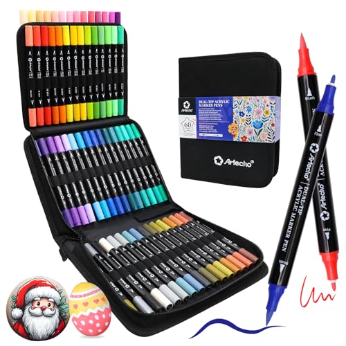 Artecho Acrylic Paint Markers 60 Colors with Bag（ Brush Tip and Fine Tip ） - color: 60 Colors