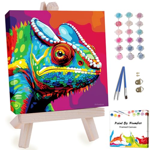 Artunion Framed Paint by Numbers Kit for Adults Beginners & Kids Ages 8-12,Colorful Chameleon Paint by Number with Frame,Animal Easy Paint by Numbers Kit on Canvas 10 * 10 Inch Without Easel - color: ZXT-385-F
