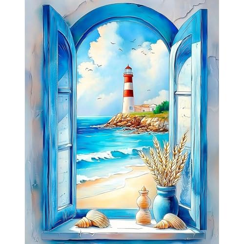 RICUVED Beach Paint by Numbers for Adults, Window View Paint by Numbers Kit for Adults Beginners, Seaside DIY Acrylic Lighthouse Oil Painting on Canvas Easy for Gift Home Wall Decor 16x20 Inch - color: SO017