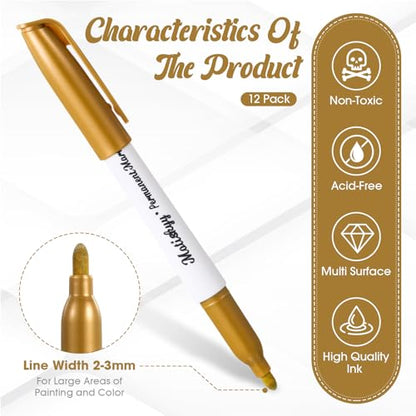Motiskyy 12 Pcs Metallic Permanent Markers Fine Point, Gold | Paint Pens for DIY Crafts, Gift Card Making, Artist Illustration, Scrapbook Projects, Metallic Finish, Quick-drying Ink - color: Gold