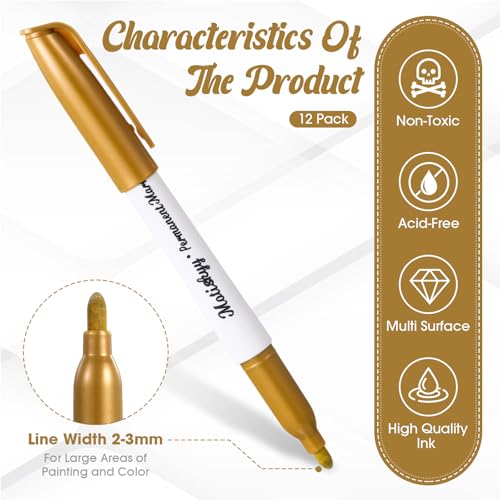 Motiskyy 12 Pcs Metallic Permanent Markers Fine Point, Gold | Paint Pens for DIY Crafts, Gift Card Making, Artist Illustration, Scrapbook Projects, Metallic Finish, Quick-drying Ink - color: Gold