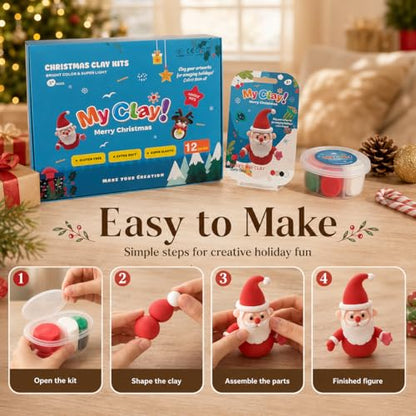 Air Dry Clay for Kids, 12 Christmas Modeling Clay DIY Model Magic Clay Kit with Tools&Tutorials, Soft&Non-Sticky, Safe&Non-Toxic, Creatible Art Crafts Toys Gifts for Kids,Christmas Crafts Xmas Gift - color: 12 Packs Christmas Clay Kit