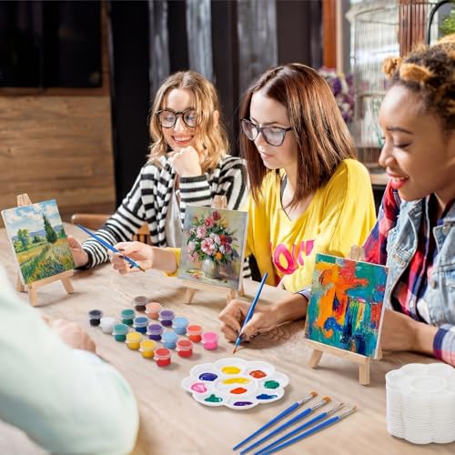 Qilery 36 Set 4 x 4 Inch Mini Canvas Boards with Easel Painting Kit, Acrylic Paints Strips, Brushes, Palette, Oil Art Set for Acrylic Birthday Party Favors - size: 4 x 4 Inch