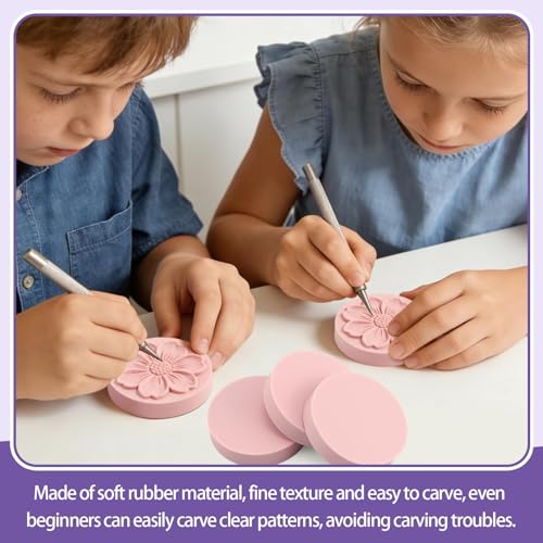6 Pack 2"x2" Round Block Pale Pink Rubber Stamp Carving Blocks Rubber Carved Brick Soft Rubber Linoleum Block for Craft Project - style: Round