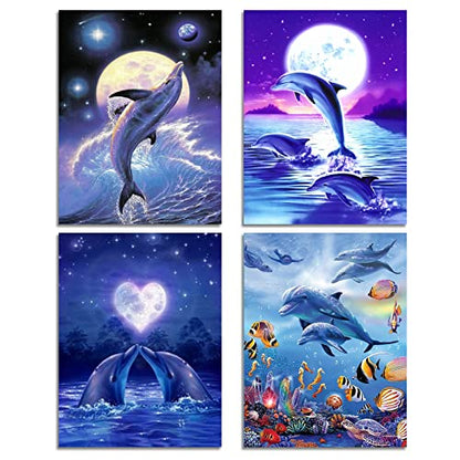 Muzagroo Art 4 Pack Diamond Paintings Kits for Adults 5D Diamond Art DIY with Round Full Drill Diamonds for Beginners Dolphins Diamond Wall Art for Living Room - color: 01-Dolphins