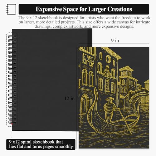 SuFly Black Paper Notebook, 60 Sheets Spiral Bound Sketch Book 9x12, 90lb/150gsm Black Art Paper for Drawing and Painting. - color: Black, size: 9-x-12-inch:1 Pack