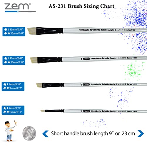 ZEM Brush White Hog Bristle Synthetic Angle Artist Brush Set 4 pcs 1/8" 1/4" 3/8" 1/2" | Acrylic and Oil