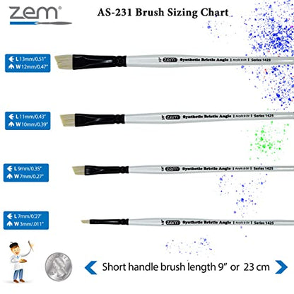 ZEM Brush White Hog Bristle Synthetic Angle Artist Brush Set 4 pcs 1/8" 1/4" 3/8" 1/2" | Acrylic and Oil