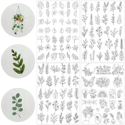 Water Soluble Stabilizer Embroidery Paper - Stick and Stitch Embroidery Paper Wash Away, 4 Sheet Embroidery Patterns, Leaves Butterfly Mushroom Book Flower, Hand Sewing Crafts - style: leaves 1305