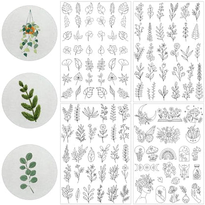Water Soluble Stabilizer Embroidery Paper - Stick and Stitch Embroidery Paper Wash Away, 4 Sheet Embroidery Patterns, Leaves Butterfly Mushroom Book Flower, Hand Sewing Crafts - style: leaves 1305