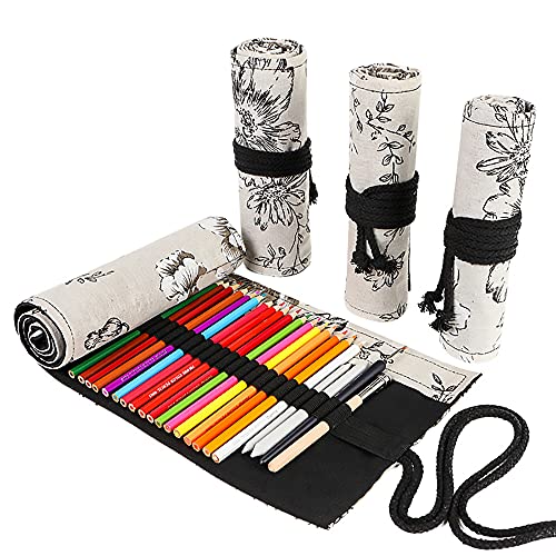 Funny live 36/48/72 Slots Colored Pencil Wrap Pencils Roll Holder Coloring Pencils Organizer Holder Colored Pen Paint Brush Storage Pouch Portable for Artist Student (Black peony, 48 Slots) - color: Black peony, size: 48 Slots